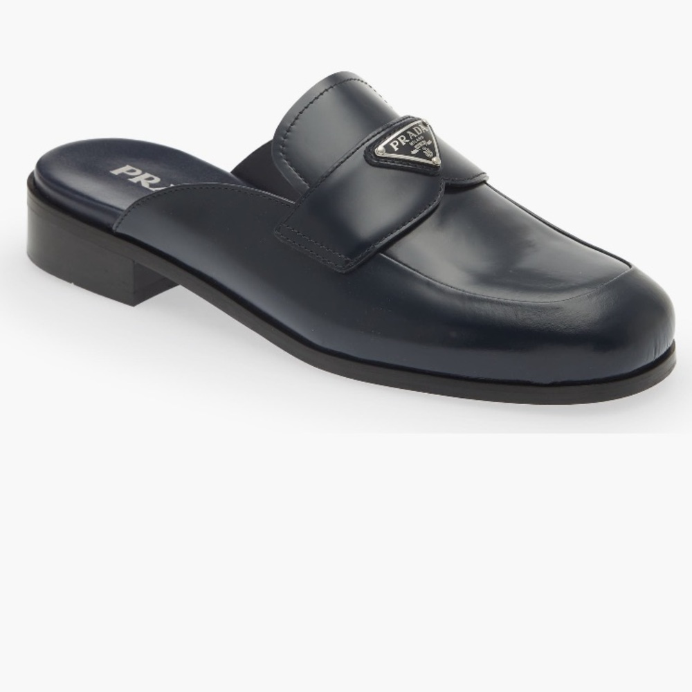 PRADA Women’s Logo-Plaque Polished-finish Mules. Bleu. US7.5, EU37.5 - Picture 7 of 12